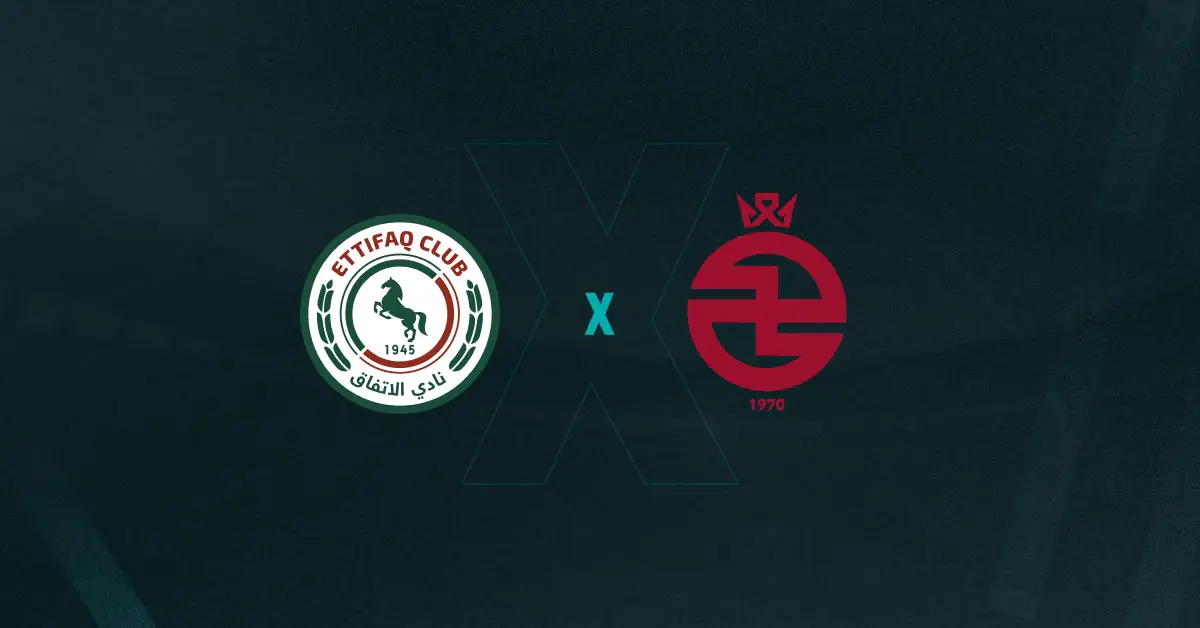 Escudos de Al-Ettifaq x Al-Kholood, que se enfrentam pelo Campeonato Saudita