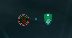 Escudos de Al-Kholood x Al-Ahli, que se enfrentam pelo Campeonato Saudita