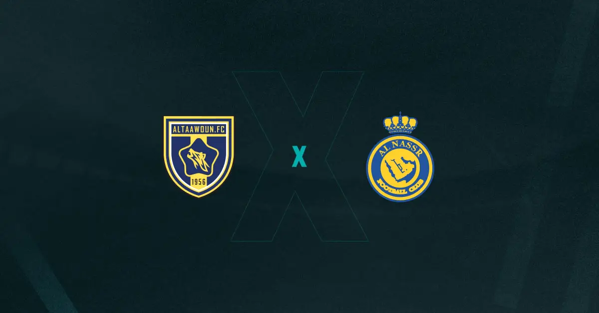 Escudos de Al-Taawoun x Al-Nassr, que se enfrentam pelo Campeonato Saudita 2025/26