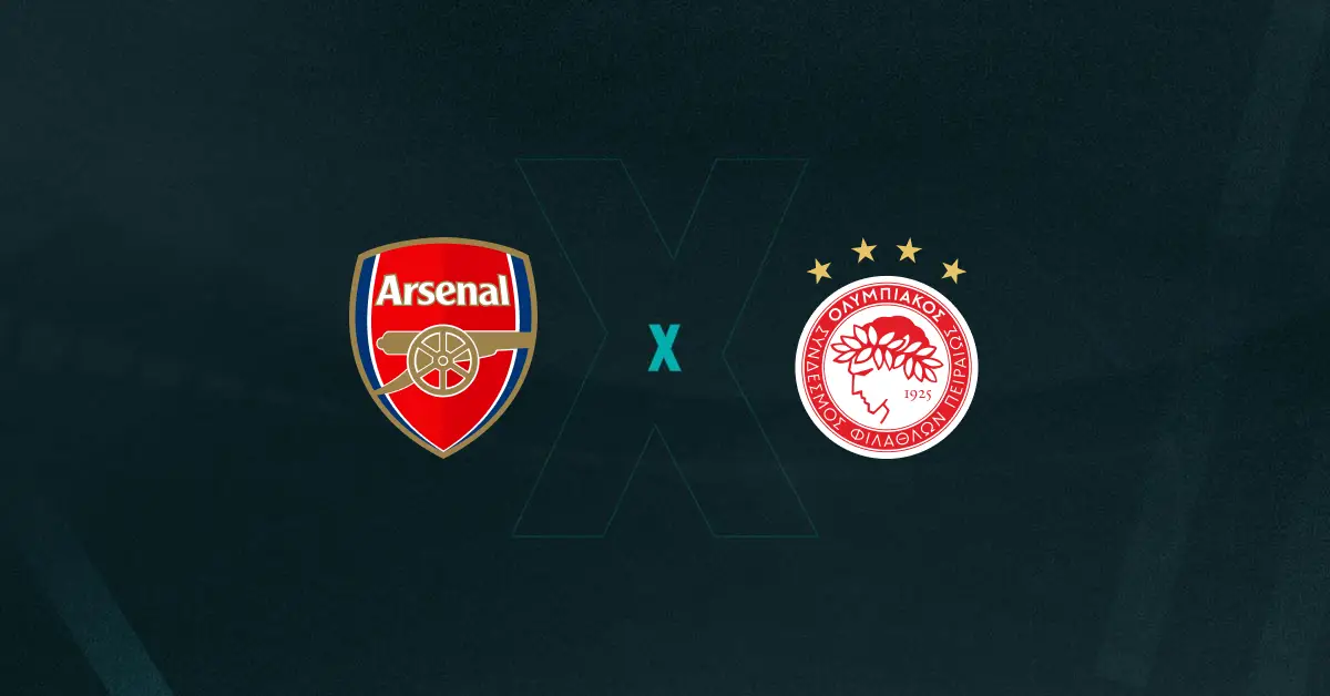 Escudos de Arsenal x Olympiacos, que se enfrentam pela Champions