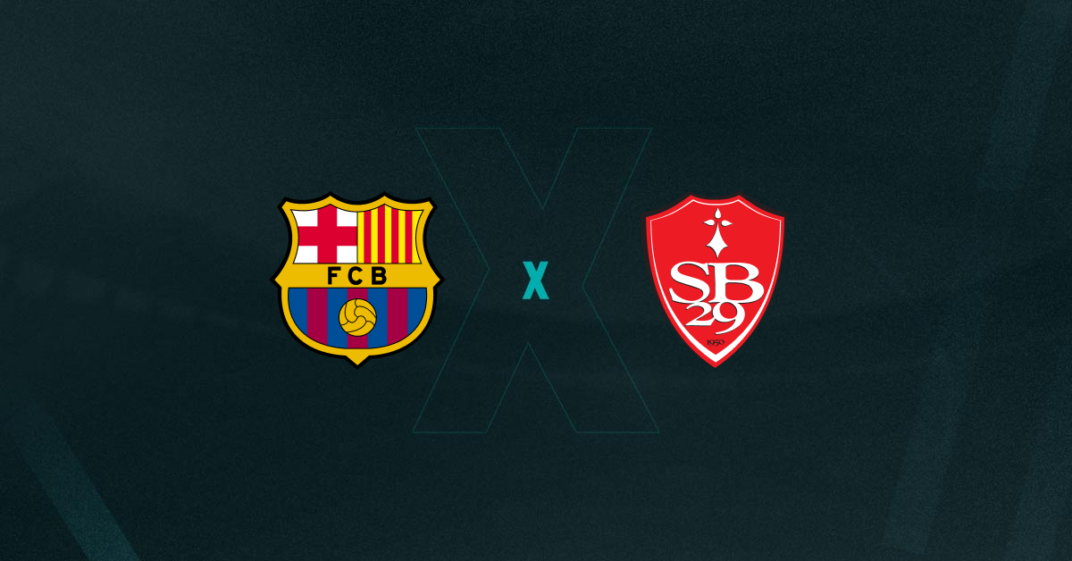 Escudos de Barcelona e Brest que se enfrentam na Champions League.