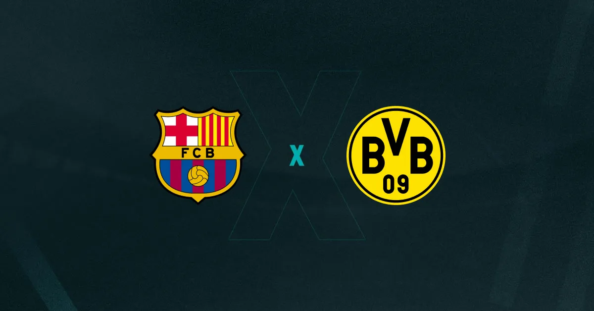 Escudos de Barcelona e Borussia Dortmund, que duelam pelas quartas da Champions League