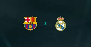 Escudos de Barcelona x Real Madrid, que se enfrentam pela final da Supercopa da Espanha