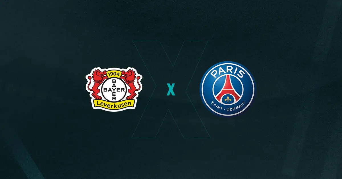 Escudos de Bayer Leverkusen x PSG, que se enfrentam pela Champions League