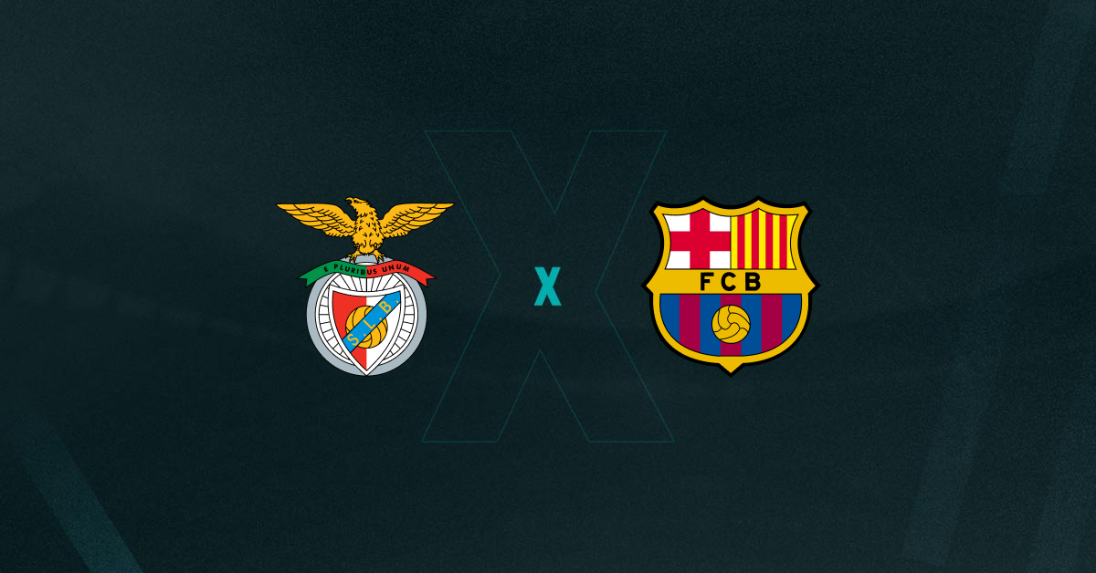 Escudos de Benfica e Barcelona, que duelam pelas oitavas da Champions League
