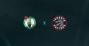 Escudos de Boston Celtics x Toronto Raptors, que se enfrentam pela pré-temporada da NBA