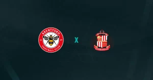 Escudos de Brentford e Sunderland, que se enfrentam pela Premier League