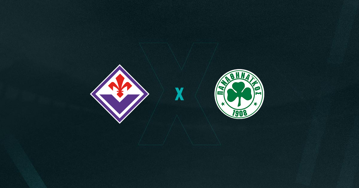 Escudos de Fiorentina x Panathinaikos, que se enfrentam hoje pela Conference League