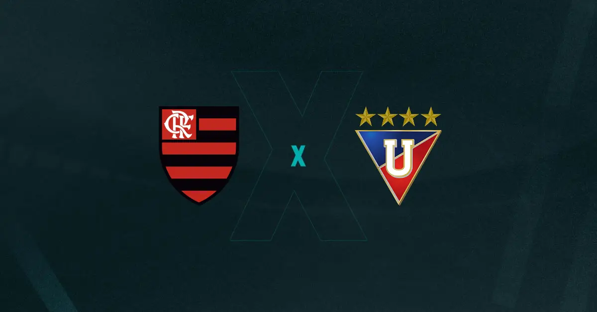 Escudos de Flamengo e LDU, que duelam pela Libertadores