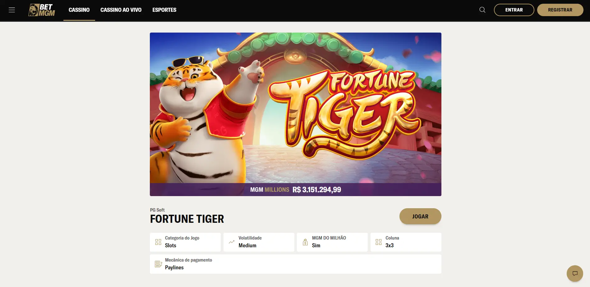 Captura de tela do cassino online da BetMGM que mostra o jogo do tigrinho