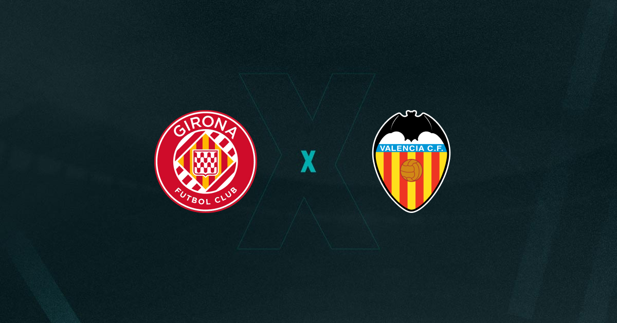 Escudos de Girona x Valencia, que se enfrentam hoje pelo Campeonato Espanhol