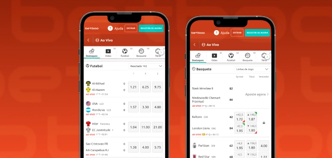 Imagem mostra smartphones abertos na página de apostas ao vivo da Betboo