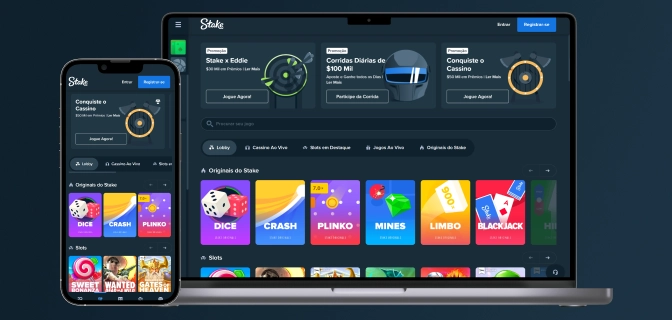 imagem mostra smartphone e notebook abertos na página de cassino da Stake