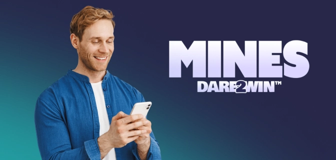 imagem mostra homem mexendo num smartphone. Ao lado, a logo do jogo da bombinha Mines.