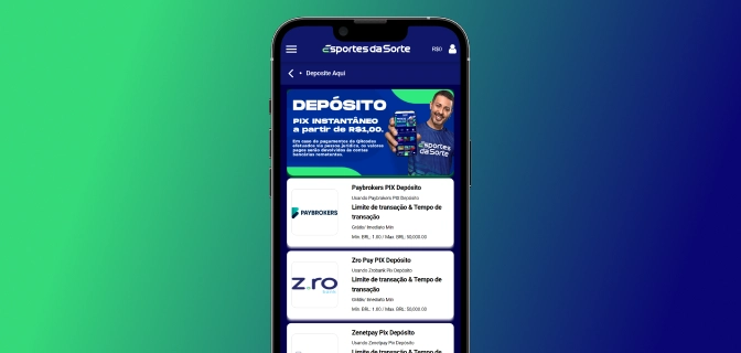 imagem mostra smartphone aberto na página de depósitos e saques da Esportes da Sorte