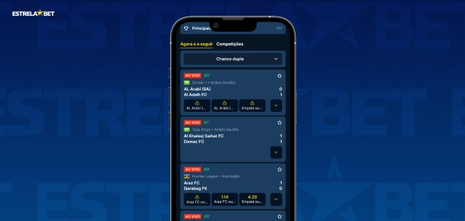 Imagem mostra um smartphone aberto na página de apostas dupla chance na Estrela Bet
