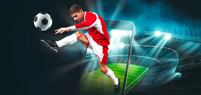 Imagem mostra uma ilustração de um jogador saltando dentro do estádio por fora de um smartphone.