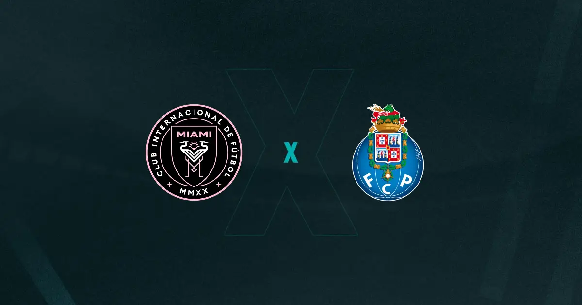 Escudos de Inter Miami x Porto, que se enfrentam pelo Mundial de Clubes hoje