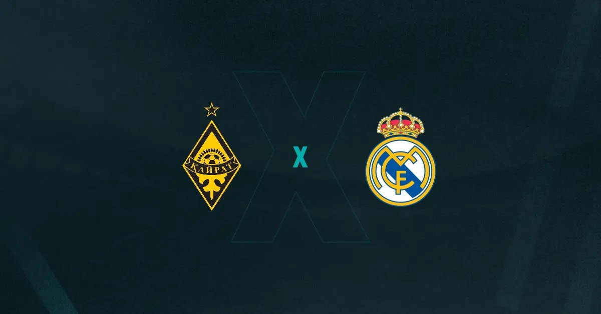 Escudos de Kairat x Real Madrid, que se enfrentam pela Champions