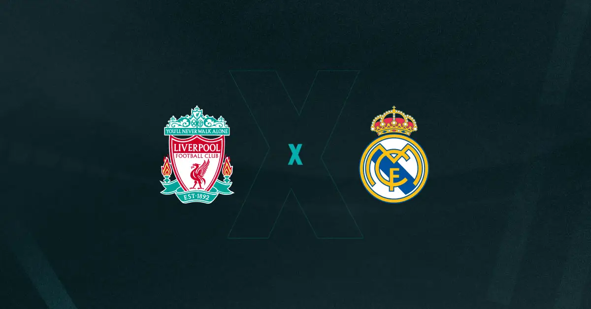 Escudos de Liverpool e Real Madrid, que duelam pela Champions League