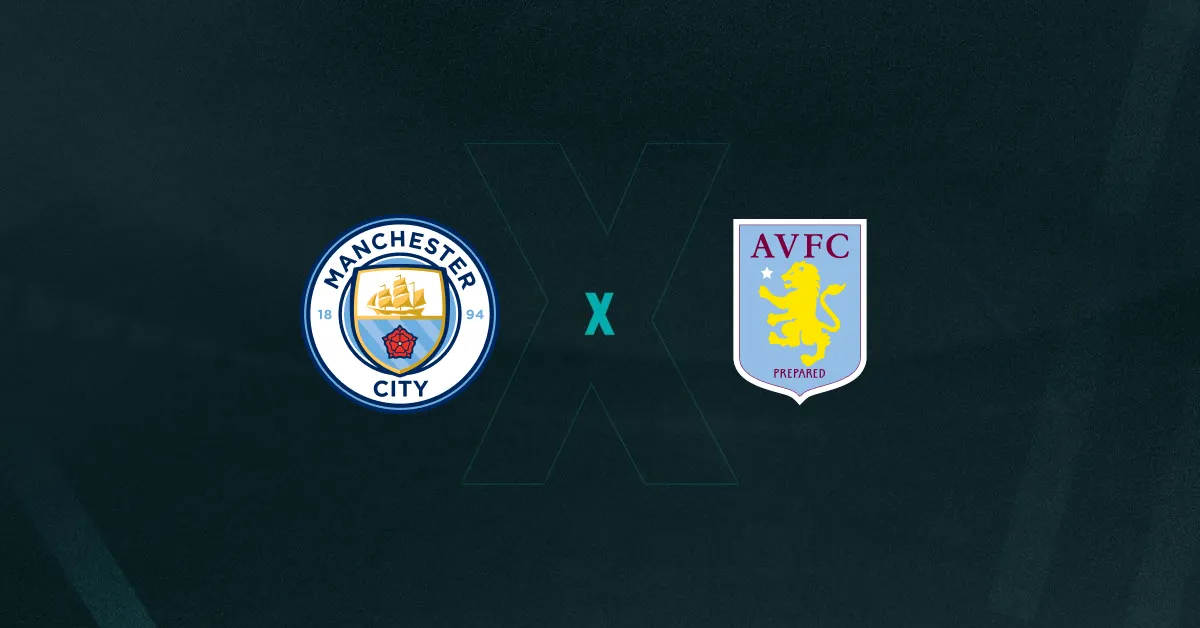 Escudos de Manchester City e Aston Villa., que se enfrentam pela Premier League