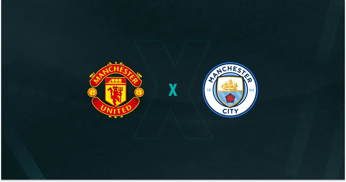 Escudos de Manchester United e Manchester City, que duelam pela Premier League