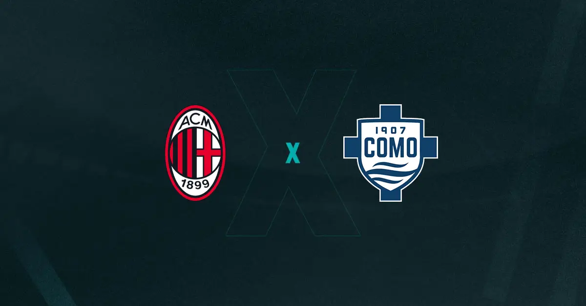 Escudos de Milan x Como, que se enfrentam pelo Campeonato Italiano