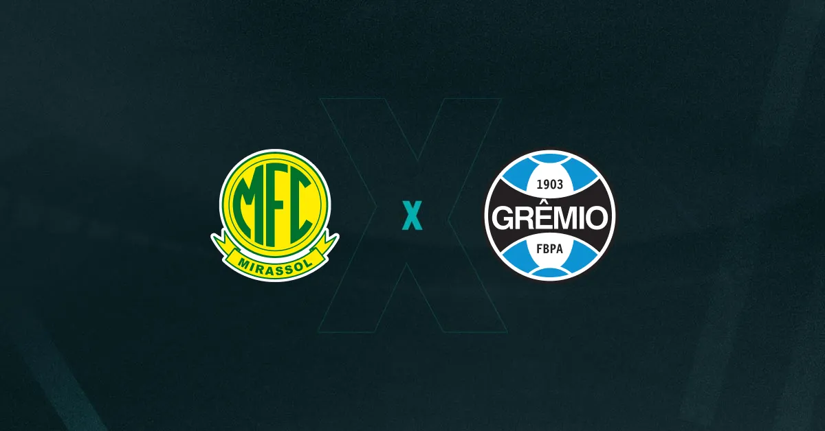 Escudos de Mirassol e Grêmio, que se enfrentam pelo Brasileirão