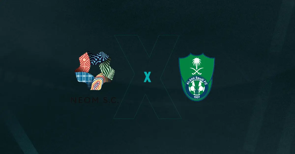 Escudos de Neom SC x Al-Ahli, que se enfrentam pelo Campeonato Saudita