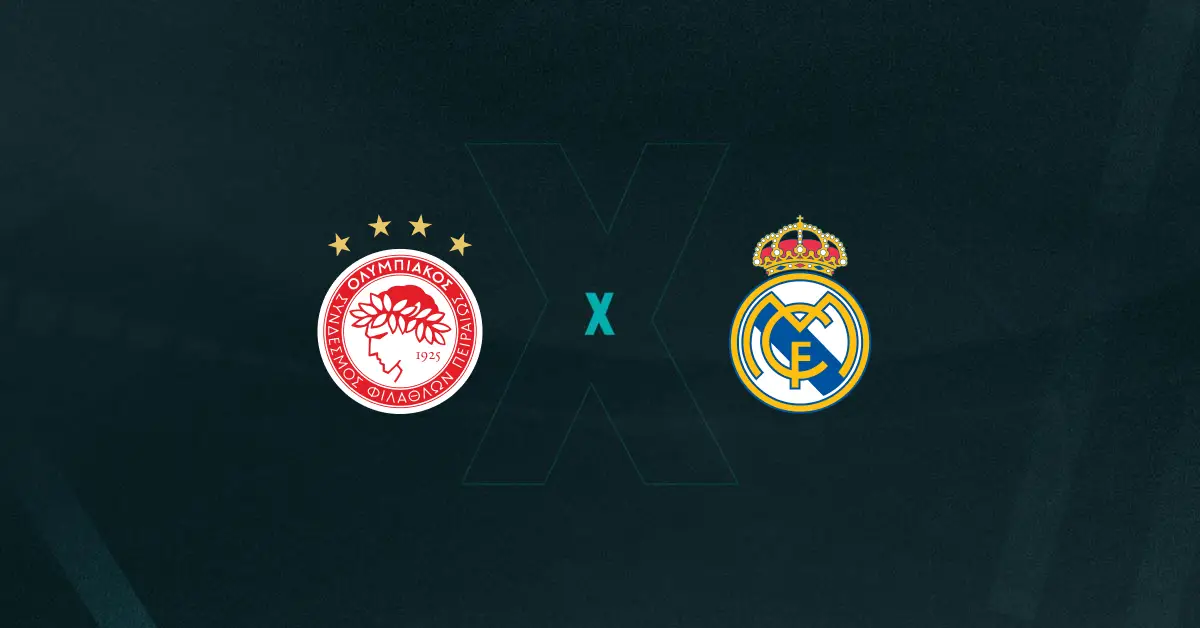 Escudos de Olympiacos x Real Madrid, que se enfrentam pela Champions League hoje