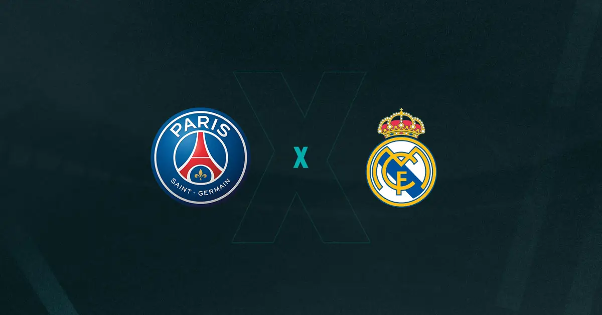 Escudos de PSG e Real Madrid, que duelam pela Champions League Feminina