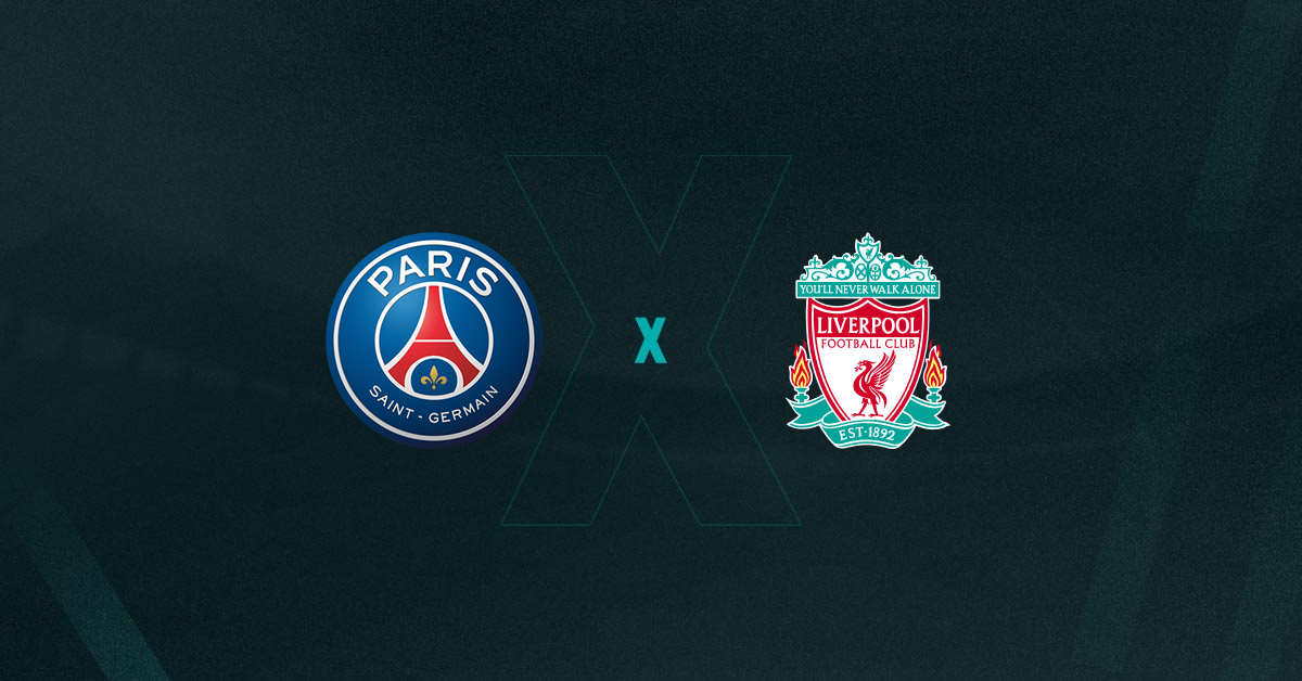 Escudos de PSG e Liverpool, que duelam pelas oitavas da Champions League