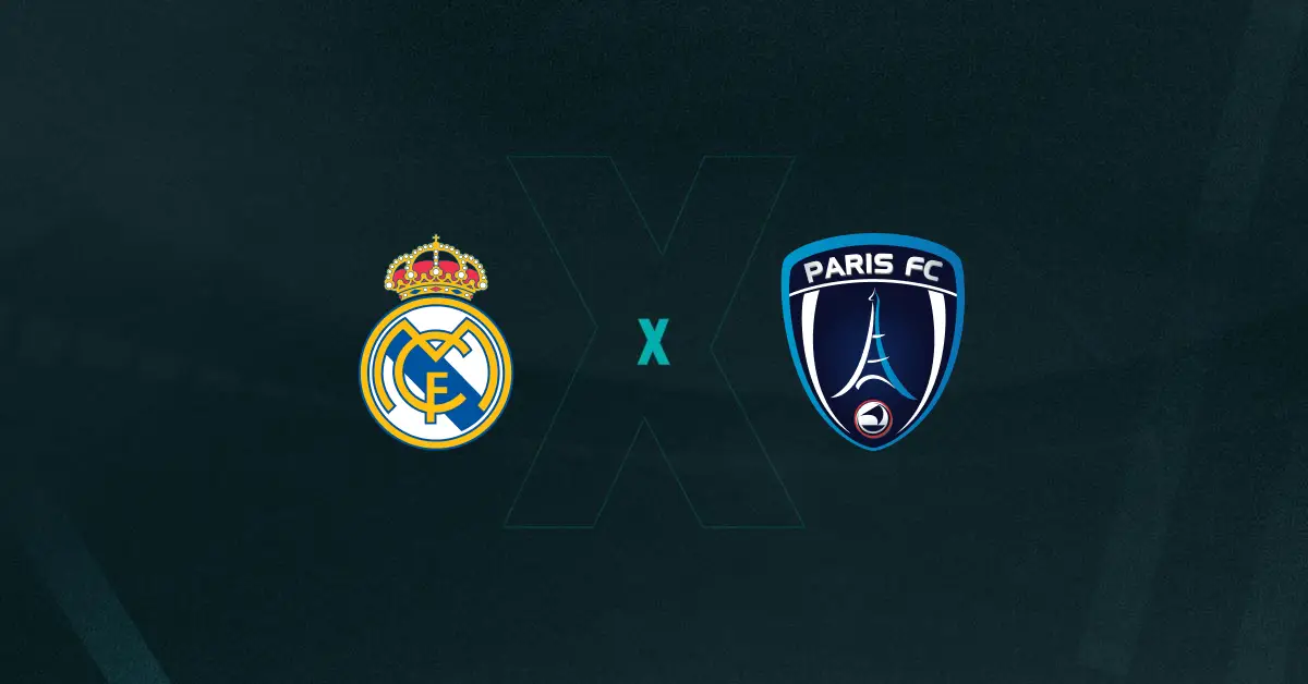 Escudos de Real Madrid e Paris FC, que se enfrentam pela Champions League F