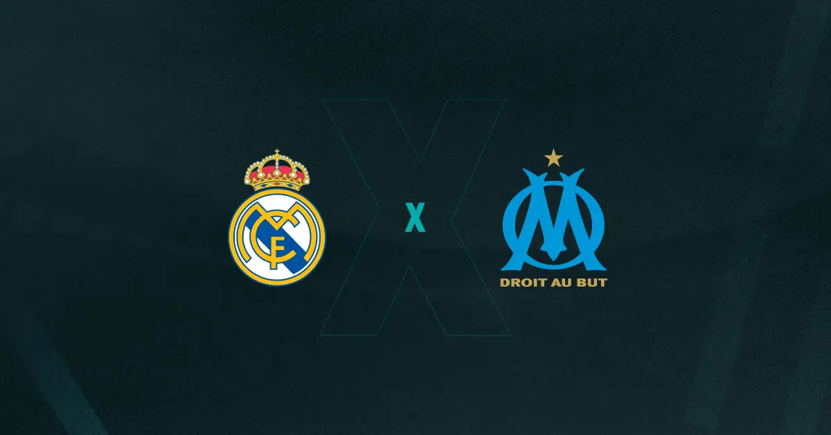 Escudos de Real Madrid x Marseille, que se enfrentam pela Champions League 2025/26