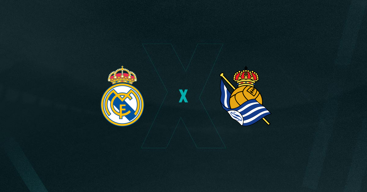 Escudos de Real Madrid x Real Sociedad, que se enfrentam pelo Campeonato Espanhol neste sábado