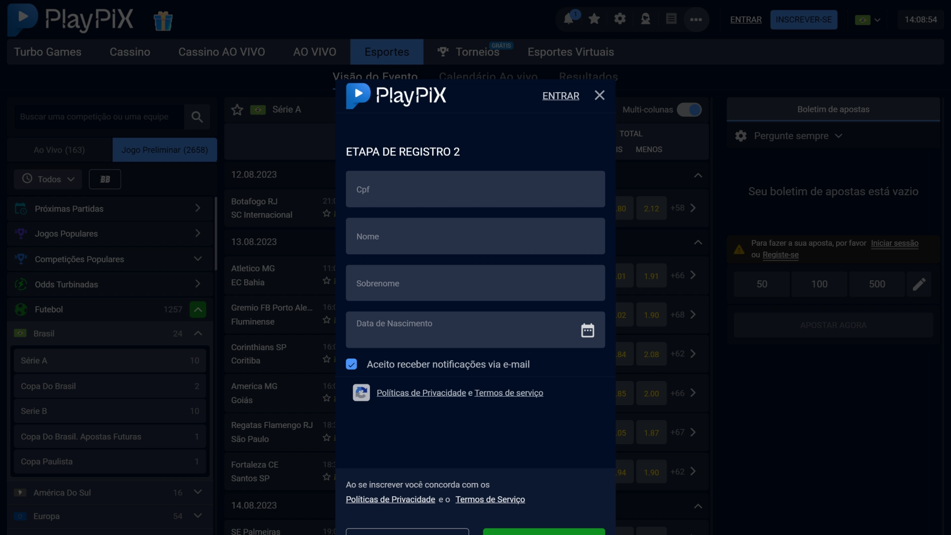 screenshot mostra página de cadastro da PlayPix