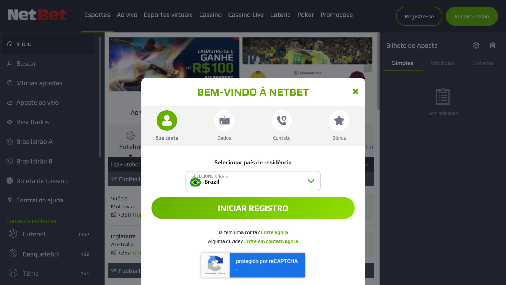 Screenshot mostra página de cadastro da Netbet