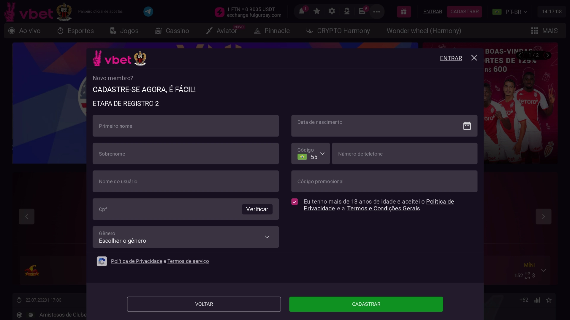 Screenshot cadastro vbet 2