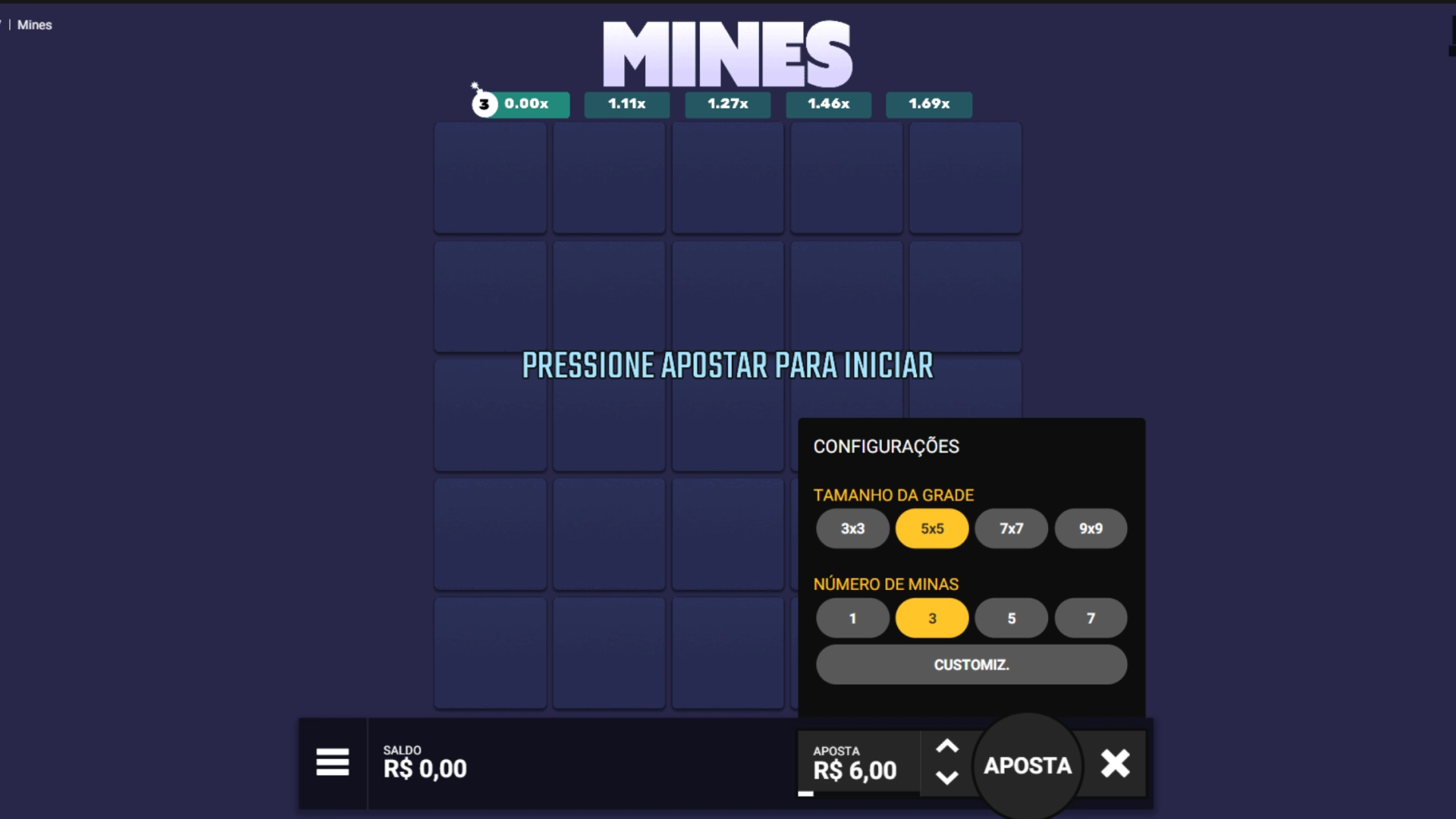 screenshot mostra tela com configurações e aposta do jogo da bombinha Mines