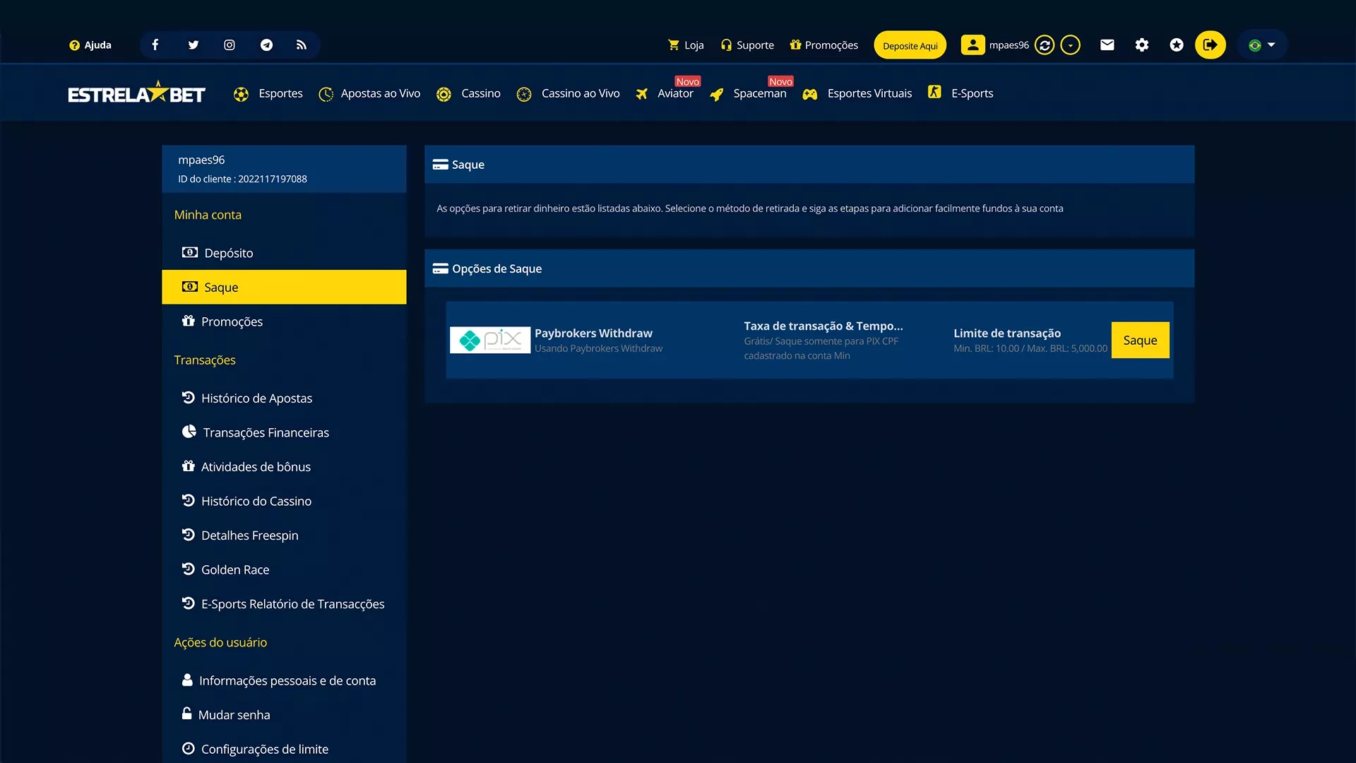 Screenshot mostra página de saque da Estrela Bet