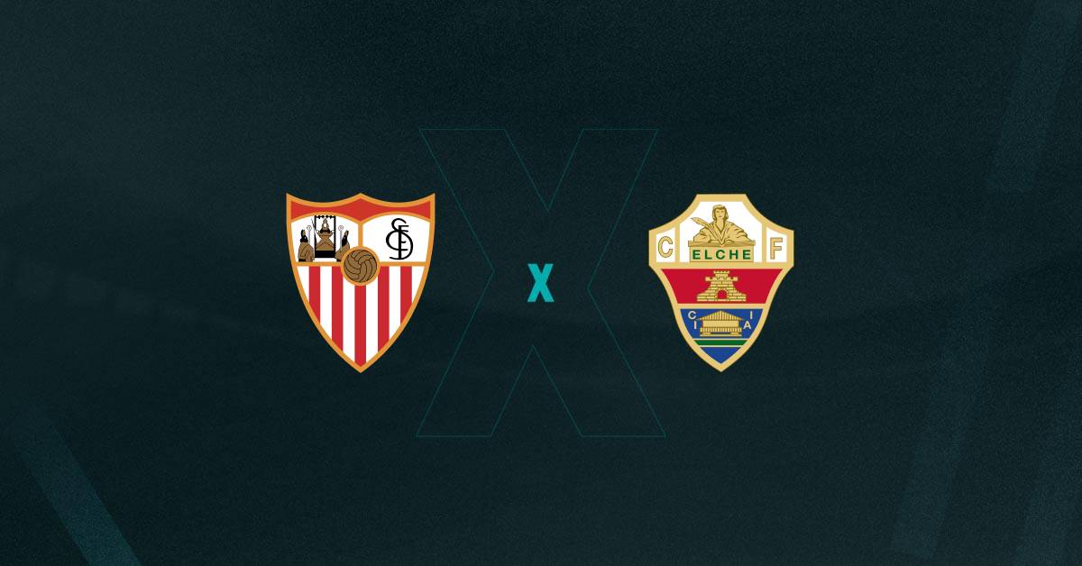 Escudos de Sevilla x Elche, que se enfrentam pela La Liga 2025/26