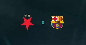 Escudos de Slavia Praga e Barcelona, que duelam Pela Champions League