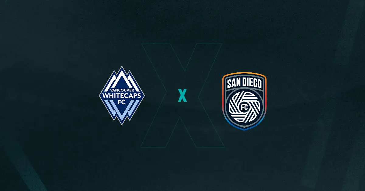 Escudos de Vancouver Whitecaps x San Diego FC, que se enfrentam pela MLS