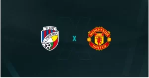Escudos de Viktoria Plzen e Manchester United, que duelam pela Europa League