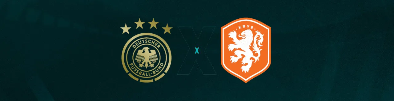 Escudos de Alemanha e Holanda, que se enfrentam pela Liga das Nações