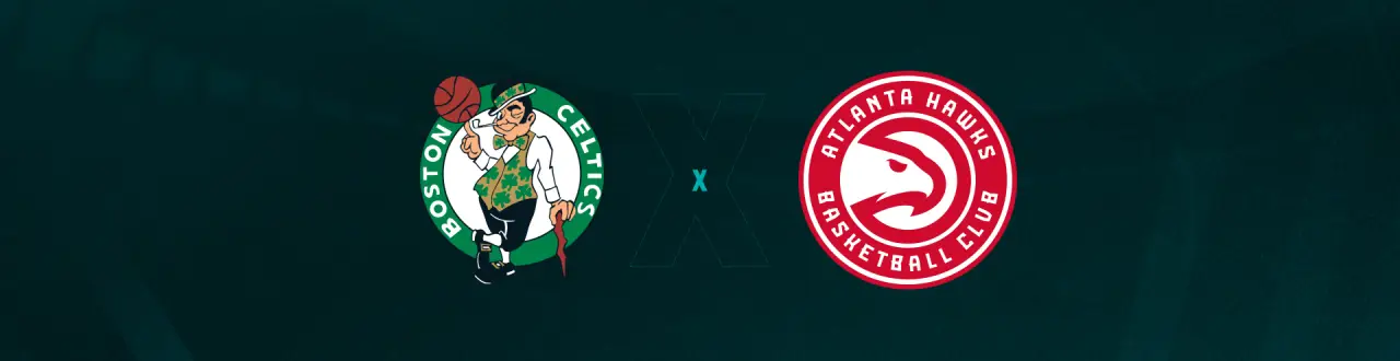 Escudos de Boston Celtics e Hawks que se enfrentam pela NBA.