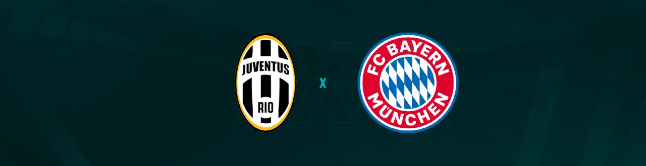 Escudos de Juventus fem e Bayern Munich fem que se enfrentam pela Champions League fem.