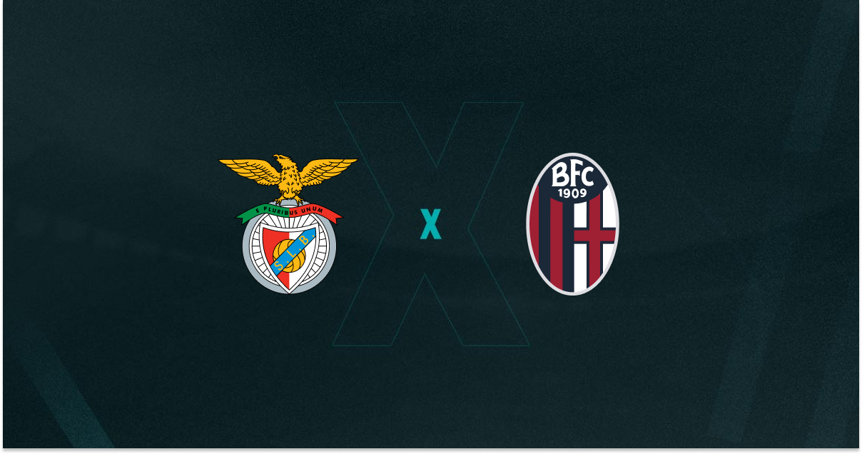 Escudos de Benfica e Bologna, que duelam pela Champions League