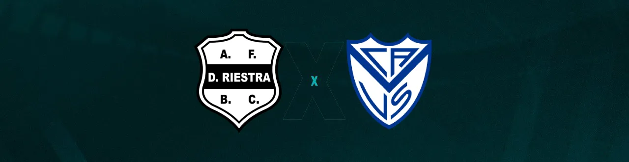 Escudos de Deportivo Riestra e Vélez Sarsfield que duelam pelo Campeonato Argentino