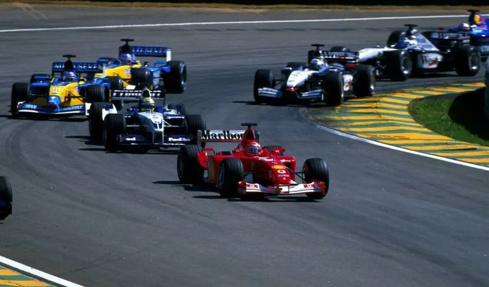 Michael Schumacher em ação na corrida de Interlagos, na Formula 1, em 2002